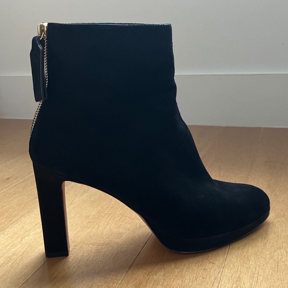 Stuart Weitzman Black Suede Booties with Gold-Tone Zipper - Picture 10 of 13